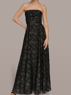 Donna Karan Black Strapless Floral Jacquard Gown